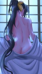  1girl absurdres ass back backboob backlighting black_hair breasts butt_crack commentary_request facing_away female_focus from_behind hair_ribbon high_school_dxd highres himejima_akeno japanese_clothes kimono large_breasts long_hair nape night nude orange_ribbon ponytail ribbon sliding_doors solo steam_erobou undressing very_long_hair white_kimono  rating:Questionable score:107 user:danbooru