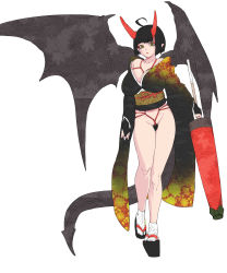  1girl absurdres bad_id bad_pixiv_id bat_wings bdsm black_hair bondage bottomless bound breasts brown_eyes cleavage crotch_rope demon_girl demon_tail female_pubic_hair highres horns huge_breasts japanese_clothes kimono large_breasts no_panties oshiruko_(shiruko) pixiv_succubus pointy_ears pubic_hair shibari shibari_under_clothes simple_background solo tail wings  rating:Explicit score:72 user:danbooru