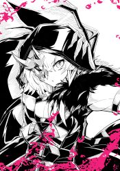  1girl absurdres bitadoro breasts cleavage diabellstar_the_black_witch duel_monster half_mask heterochromia highres hood hood_up large_breasts mask medium_hair monochrome single_sleeve solo spot_color yu-gi-oh! 
