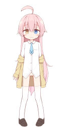  1girl absurdres ahoge ayanepuna blue_archive blue_eyes blue_necktie blush bottomless brown_footwear closed_mouth collared_shirt female_focus full_body hair_between_eyes heterochromia highres hoshino_(blue_archive) jacket loafers loli long_hair long_sleeves looking_at_viewer necktie no_halo off_shoulder open_clothes open_jacket pink_hair pussy shirt shoes simple_background sleeves_past_wrists solo standing sweat thighhighs very_long_hair white_background white_shirt white_thighhighs yellow_eyes yellow_jacket  rating:Explicit score:56 user:danbooru