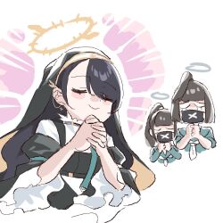 3girls black_hair blanchat blue_archive chibi closed_eyes hinata_(blue_archive) mask multiple_girls nun own_hands_clasped simple_background sukeban_(smg)_(blue_archive) sukeban_(sr)_(blue_archive) tears white_background