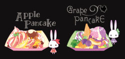  animal apple apple_slice black_background black_eyes bow box buttons cherry clothed_animal collared_dress commentary_request dotted_line dress english_text food food_focus fruit grapes green_bow hair_bow hairband ice_cream ice_cream_cone lace lace-trimmed_dress lace_trim leaf original pancake pleated_skirt purple_dress rabbit red_bow red_dress red_hairband simple_background skirt solid_oval_eyes sparkle star_(symbol) striped_clothes striped_dress subaru_(jack) vertical-striped_clothes vertical-striped_dress 