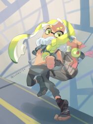  1girl agent_3_(splatoon_3) asymmetrical_hair backpack bag bandaged_arm bandaged_foot bandages black_bandages black_pants black_shirt blonde_hair braid covered_mouth earpiece eyebrow_cut flat_chest grey_bag highres inkling inkling_girl inkling_player_character koike3582 leg_up long_hair looking_at_viewer nintendo pants pointy_ears salmonid shirt sleeveless sleeveless_shirt smallfry_(splatoon) splatoon_(series) splatoon_3 suction_cups sweatpants tentacle_hair torn_clothes torn_shirt twitter_username yellow_eyes 