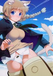  1girl ahoge animal_ears blue_eyes blue_skin bow bow_panties braid breasts brown_hair cat_ears cat_tail cloud colored_skin day highres impossible_clothes koume_keito large_breasts long_hair lynette_bishop navel necktie panties scan single_braid sky solo strike_witches striker_unit tail underwear vest white_panties world_witches_series  rating:Sensitive score:15 user:danbooru