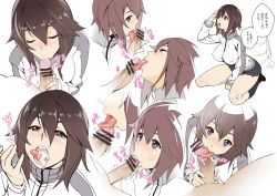  10s 1girl blue_eyes breasts brown_hair censored cum cum_in_mouth closed_eyes fellatio hayasui_(kancolle) highres jacket kantai_collection large_breasts oral penis kissing_penis short_hair simple_background skirt solo_focus tomoyuki_kotani tongue tongue_out track_jacket translation_request white_background  rating:Explicit score:118 user:danbooru