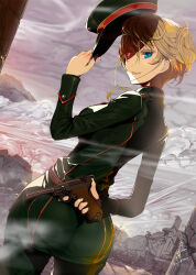  1girl arm_behind_back arms_behind_back ass blonde_hair blue_eyes cloud colored_eyelashes commentary_request contrapposto dutch_angle from_behind green_pants green_shirt grey_sky gun hair_between_eyes handgun hat heterochromia highres looking_at_another luger_p08 mikazuki_akira! military military_hat military_uniform pants red_eyes removing_headwear shaded_face shirt short_hair sidelocks sky smile solo tanya_degurechaff thighs trigger_discipline uniform weapon youjo_senki  rating:Sensitive score:58 user:danbooru