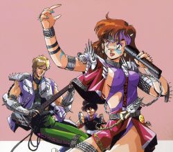  1980s_(style) 1girl 2boys :d alternate_costume anice_farm arm_up armlet armor band belt between_breasts black_hair blue_nails blush breasts brown_hair buckle cable chain chouon_senshi_borgman chuck_sweagar clothes_writing copyright_name covered_erect_nipples earrings electric_guitar eyeshadow facial_mark fingerless_gloves fingernails flying_sweatdrops gloves guitar hair_between_eyes headband hibiki_ryou high_collar holding instrument jacket jewelry kikuchi_michitaka large_breasts leotard lipstick long_fingernails long_hair makeup microphone miniskirt multicolored_hair multiple_boys muscular music nail_polish no_bra nose_blush oldschool open_clothes open_jacket open_mouth open_vest pants pauldrons playing_instrument purple_hair purple_lips retro_artstyle short_hair shoulder_armor side_slit sideboob signature simple_background skirt smile smiley_face spikes strap_between_breasts studded_belt sunglasses sweat tambourine thighlet torn_clothes two-tone_hair vambraces vest  rating:Questionable score:6 user:danbooru