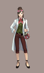 1girl absurdres ace_attorney apollo_justice:_ace_attorney brown_background brown_eyes brown_hair capcom edaki_shin&#039;ya ema_skye glasses half_updo highres lab_coat official_art simple_background solo rating:Sensitive score:15 user:danbooru