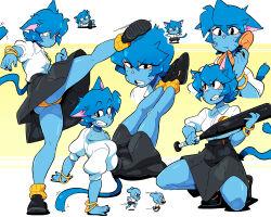  1girl animal_ears baseball_bat black_eyes black_footwear black_nails black_skirt blue_hair blue_skin bracelet cat_ears cat_girl cat_tail collared_shirt colored_skin commentary english_commentary fang gumball_watterson highres holding holding_phone jewelry kicking multiple_views nicole_watterson panties parted_lips phone scott_malin shirt shoes short_sleeves skirt socks solo_focus tail the_amazing_world_of_gumball underwear upskirt whiskers white_shirt yellow_panties yellow_socks  rating:Sensitive score:48 user:danbooru