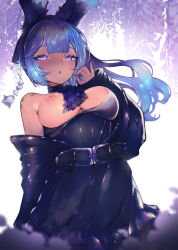 1girl absurdres animal_ears black_dress blue_eyes blue_hair breasts breasts_out bunnixia dress final_fantasy final_fantasy_xiv highres non-web_source ponytail rabbit rabbit_ears 