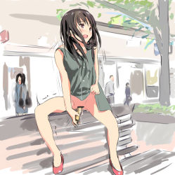 1girl bench blush bottomless brown_hair clothes_lift commentary_request dildo dress dress_lift exhibitionism female_masturbation green_dress iori_(magunisu) lifted_by_self long_hair masturbation motion_lines no_panties object_insertion open_mouth original outdoors pink_footwear public_indecency public_masturbation pussy pussy_juice saliva sex_toy sitting spread_legs teeth tongue tree trembling upper_teeth_only vaginal vaginal_object_insertion rating:Explicit score:280 user:danbooru