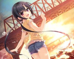  1girl :d ass black_hair blue_shorts blue_sky blush bridge butt_crack cloud cura denim denim_shorts dutch_angle from_behind hair_between_eyes hand_up hayase_fukami highres long_hair looking_at_viewer looking_back low_twintails maitetsu open_mouth outdoors polka_dot purple_eyes river rock shirt short_shorts short_sleeves shorts sky smile solo sunset twintails very_long_hair water water_drop yellow_shirt 