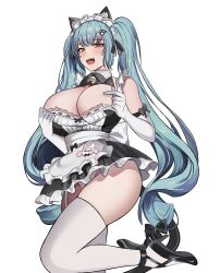 1girl absurdres animal_ears apron azmi_yudista black_dress blue_hair blush breasts cat_ears cat_tail dress drill_hair elbow_gloves fake_animal_ears fake_tail gloves goddess_of_victory:_nikke highres large_breasts legwear_garter light_blue_hair long_hair maid maid_headdress neck_bell official_alternate_costume open_mouth paw_hair_ornament privaty_(nikke) privaty_(unkind_maid)_(nikke) simple_background solo standing standing_on_one_leg tail thighhighs twin_drills twintails very_long_hair white_apron white_background white_gloves white_thighhighs yellow_eyes 