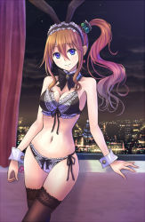  1girl animal_ears arm_support bare_shoulders black_thighhighs blue_eyes blush bow bow_panties bra breasts brown_hair city cityscape cleavage condom condom_wrapper detached_collar earrings female_focus fingernails front-tie_top hair_between_eyes hair_bobbles hair_ornament hairband head_tilt indoors jewelry lace lace-trimmed_bra lace-trimmed_legwear lace-trimmed_panties lace_trim legs light_smile lingerie long_fingernails long_hair looking_at_viewer navel night night_sky original panties rabbit_ears rabbit_girl side-tie_panties side_ponytail sidelocks sky smile solo standing suikakitsu_shiro thighhighs thighs underwear underwear_only window wrist_cuffs xia_you_qing  rating:Sensitive score:105 user:danbooru