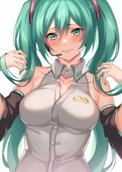 1girl 3: alternate_breast_size bare_shoulders blush breasts closed_mouth collarbone detached_sleeves fingernails frown green_eyes green_hair green_nails grey_shirt hatsune_miku highres inue_ao large_breasts long_fingernails long_hair long_sleeves nail_polish shirt simple_background solo twintails upper_body very_long_hair vocaloid white_background rating:Sensitive score:17 user:danbooru