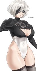  1girl absurdres blindfold blush breasts cleavage cleavage_cutout clothing_cutout covered_eyes covered_navel feather-trimmed_sleeves highleg highleg_leotard highres hotate-chan juliet_sleeves large_breasts leotard long_sleeves mole mole_under_mouth nier:automata nier_(series) parted_lips puffy_sleeves short_hair simple_background solo thighhighs thighs translated white_background white_hair white_leotard 2b_(nier:automata)  rating:Sensitive score:31 user:danbooru