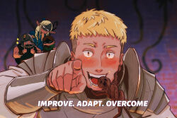  1girl 3boys armor beard black_hair blonde_hair blush bracer brown_hair chilchuck_tims commentary drooling dungeon_meshi elf english_commentary english_text facial_hair fake_horns food hand_up hands_up head_tilt helmet highres holding holding_food horned_helmet horns improvise._adapt._overcome._(meme) indoors jade_poon_(pooniverse) kebab laios_touden long_beard long_hair looking_at_viewer mandrake_(dungeon_meshi) marcille_donato meme mouth_drool multiple_boys open_mouth pauldrons plant pointing pointing_at_viewer pointy_ears purple_background senshi_(dungeon_meshi) shaded_face short_hair shoulder_armor sparkling_aura thumbs_up undercut very_short_hair vines vomit yellow_eyes 