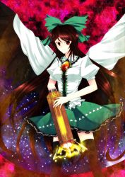  1girl absurdres arm_cannon bad_id bad_pixiv_id black_thighhighs black_wings bow brown_hair cape female_focus hair_bow highres long_hair radiation_symbol red_eyes reiuji_utsuho shawa skirt solo symbol-shaped_pupils thighhighs third_eye touhou very_long_hair weapon wings 