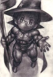1girl androgynous apyoapyo cape flat_chest glasses halloween hat loli makki_(apyoapyo) monochrome muscular original short_hair solo witch_hat rating:Questionable score:14 user:Fynneun
