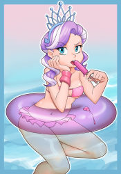  1girl absurdres bikini breasts crown diamond_tiara eating float food highres loli multicolored_hair my_little_pony my_little_pony:_friendship_is_magic nauth partially_submerged patreon popsicle solo swimsuit tongue tongue_out water  rating:Questionable score:26 user:Nauth
