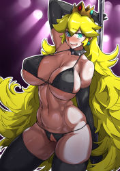  1girl abs areola_slip bikini blonde_hair blue_eyes blush cleft_of_venus collar crotchless crotchless_panties crown dragra highres long_hair mario_(series) navel nintendo panties pole princess_peach solo spiked_collar spikes stripper_pole super_mario_bros._1 swimsuit thick_thighs thighhighs thighs underwear very_long_hair  rating:Explicit score:59 user:Dante1016996