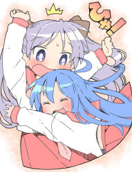  2girls ahoge arms_up black_ribbon blouse blue_eyes blue_hair blush closed_eyes crosshatching glomp hair_between_eyes hair_ribbon hatching_(texture) highres hiiragi_kagami hug izumi_konata long_hair lucky_star multiple_girls nomeoil open_mouth pleated_skirt purple_hair red_background red_sailor_collar red_skirt ribbon ryouou_school_uniform sailor_collar school_uniform serafuku shirt skirt surprise_hug surprised tackle tongue white_background white_shirt 
