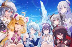  6+girls :d ;) absurdres ahoge bare_shoulders black_bow black_choker black_dress black_hair blonde_hair blue_dress blue_eyes blue_hair blue_sky blue_sleeves bow braid breasts chinese_clothes choker cleavage closed_mouth detached_sleeves dress drill_hair dual_persona earrings egyptian fu_hua fu_hua_(herrscher_of_sentience) grey_hair hair_bow hair_ornament hare_(honkai_impact) highres honkai_(series) honkai_impact_3rd jewelry long_hair long_sleeves looking_at_viewer medium_breasts multiple_girls one_eye_closed open_mouth outdoors prometheus_(honkai_impact) puffy_long_sleeves puffy_sleeves red_eyes red_hair seele_(alter_ego) seele_vollerei seele_vollerei_(herrscher_of_rebirth) seele_vollerei_(starchasm_nyx) selfie shigure_kira sinonomemikann sky sleeveless sleeveless_dress smile susannah_manatt susannah_manatt_(valkyrie_quicksand) twin_drills v very_long_hair white_dress white_hair white_sleeves yellow_eyes 