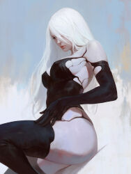  1girl a2_(nier:automata) absurdres android bare_shoulders black_gloves black_tank_top blue_eyes breasts commentary_request elbow_gloves gloves hair_over_one_eye highres joints large_breasts light_blue_background long_hair mole mole_under_mouth nier:automata nier_(series) robot_joints sideboob tank_top thighhighs white_background white_hair wodeipoi 