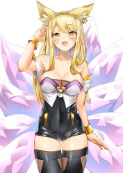 1girl :d ahri_(league_of_legends) animal_ear_fluff animal_ears arm_up black_dress black_thighhighs blonde_hair blush breasts cleavage collarbone commentary dduck_kong dress ear_piercing facial_mark fang fox_ears fox_girl fox_tail heart highres k/da_(league_of_legends) k/da_ahri kitsune kyuubi large_breasts league_of_legends long_hair looking_at_viewer multiple_tails open_mouth piercing simple_background skindentation smile solo strapless strapless_dress tail thigh_gap thighhighs very_long_hair whisker_markings white_background yellow_eyes rating:Sensitive score:36 user:danbooru