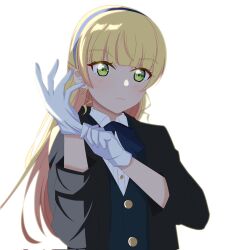  1girl adjusting_clothes adjusting_gloves black_jacket black_suit blonde_hair blue_bow blue_bowtie blue_hairband blue_vest blunt_bangs bow bowtie closed_mouth collared_shirt commentary_request formal gloves green_eyes hairband heanna_sumire highres jacket kayuu_(emitun) long_hair long_sleeves looking_at_viewer love_live! love_live!_superstar!! open_clothes open_jacket shirt sidelocks solo suit suit_jacket upper_body vest waistcoat white_background white_gloves white_shirt 