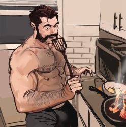  1boy bara beard body_hair chest_hair cooking dopey_(dopq) facial_hair fire flambe frying_pan graves_(league_of_legends) highres large_pectorals league_of_legends male_focus manly muscular nipples pectorals simple_background sketch solo surprised topless_male 