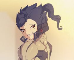  1boy androgynous blue_hair cosplay dark_blue_hair evil_grin evil_smile grin inazuma_eleven_(series) inazuma_eleven_go looking_at_viewer male_focus medium_hair metal_gear_(series) metal_gear_rising:_revengeance nenna orange_eyes samuel_rodrigues samuel_rodrigues_(cosplay) slit_pupils smile tsurugi_kyousuke 