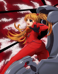  1girl ass blue_eyes breasts brown_hair cloud cockpit dress eva_02 evangelion:_3.0_you_can_(not)_redo eyepatch hair_ornament long_hair murata_isshin neon_genesis_evangelion open_mouth pilot_chair pilot_suit plugsuit pussy_cutout reaching reaching_towards_viewer rebuild_of_evangelion red_dress red_sky sky solo souryuu_asuka_langley spread_legs teeth tight_clothes tight_dress twintails two_side_up upper_teeth_only 