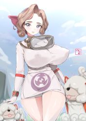  bea_(bropmlk) breasts brown_hair covered_erect_nipples creatures_(company) game_freak gen_1_pokemon gloves hair_ornament highres hisuian_growlithe large_breasts looking_at_viewer nintendo nipples palina_(pokemon) pokemon pokemon_legends:_arceus smile sweat  rating:Questionable score:70 user:gragertold