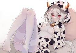  1girl animal_print aphilia_(kiyomin) bed_sheet bell breasts closed_mouth commentary_request cow_horns cow_print fake_horns hair_between_eyes hood hood_up hooded_jacket horns jacket kiyomin knees_up long_sleeves looking_at_viewer lying medium_breasts no_shoes on_back original pantyhose pillow print_jacket puffy_long_sleeves puffy_sleeves red_eyes shirt signature silver_hair sleeves_past_wrists soles solo thighband_pantyhose white_background white_jacket white_pantyhose white_shirt 
