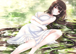  1girl breasts brown_hair cleavage dress hiroharu large_breasts long_hair looking_at_viewer lying red_eyes solo very_long_hair  rating:Questionable score:7 user:fogas