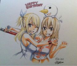 00s 10s 2012 2girls blonde_hair breast_press breasts creator_connection crossover dated elie fairy_tail large_breasts lucy_heartfilia mashima_hiro midriff multiple_girls plue rave signature smile symmetrical_docking tonfa weapon wink rating:Sensitive score:48 user:annon-san