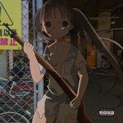  1girl blood blood_on_face breasts chain-link_fence collarbone expressionless female_focus fence gun holding holding_gun holding_weapon loli nenoyonen original parental_advisory partially_unbuttoned photo_background rifle small_breasts solo torn_clothes twintails weapon  rating:Questionable score:24 user:ponekad
