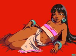  1girl bare_shoulders barefoot bed_sheet black_hair blunt_bangs bracelet breasts brown_eyes chel_(the_road_to_el_dorado) closed_mouth commentary crop_top dark-skinned_female dark_skin earrings english_commentary feet full_body jewelry lips loincloth long_hair looking_at_viewer lying mayan_clothes navel on_bed on_side pelvic_curtain pink_tube_top pixel_art smile solo strapless the_road_to_el_dorado thick_thighs thighs thisislux toes tube_top two-tone_tube_top white_loincloth 