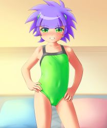 1girl artist_request blush buttercup_(ppg) cameltoe cartoon_network collarbone covered_erect_nipples earrings female_focus green_eyes green_leotard grin hair_ornament hands_on_own_hips jewelry leotard loli looking_at_viewer matsubara_kaoru naughty_face pillow powerpuff_girls_z purple_hair short_hair smile teeth  rating:Questionable score:101 user:Hunter_of_Lolis