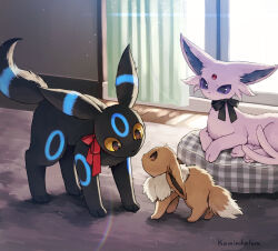  all_fours alternate_color artist_name black_fur black_ribbon black_tail blue_fur brown_eyes brown_fur brown_tail colored_sclera creatures_(company) eevee espeon evolutionary_line extra_tails forehead_jewel game_freak gen_1_pokemon gen_2_pokemon highres indoors kaminokefusa light looking_at_another looking_down nintendo no_humans pokemon pokemon_(creature) purple_eyes purple_fur purple_sclera purple_tail red_ribbon ribbon shiny_pokemon two-tone_fur umbreon wooden_floor yellow_sclera 