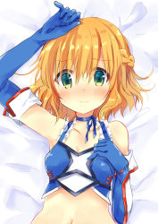  1girl arm_up armpits asanagi_kurumi_(panda-doufu) bare_shoulders bed_sheet blonde_hair blue_choker blue_gloves blush braid breasts choker closed_mouth collarbone commentary_request crop_top elbow_gloves figureheads french_braid frills frown gloves green_eyes hair_between_eyes hand_on_own_chest highres looking_at_viewer lying navel on_back ribbon shirt short_hair sleeveless sleeveless_shirt solo stomach upper_body 
