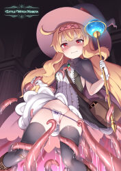 1girl artist_request bag bandaid bandaid_on_clothes bandaid_on_knee bandaid_on_leg black_cloak black_dress black_thighhighs blonde_hair blush boots bow bow_panties breasts brown_footwear cameltoe cape clenched_teeth cloak clothes_lift copyright_name dress dress_lift feet_out_of_frame gem gloves gluteal_fold groin hairband hat highres holding holding_staff imminent_rape little_witch_nobeta long_hair looking_down lowleg lowleg_panties micro_panties nobeta official_art panties panty_pull partially_visible_vulva red_eyes shaded_face short_dress shoulder_bag sleeveless sleeveless_dress slime_(substance) small_breasts solo staff tearing_up tears teeth tentacles thighhighs thighs two-tone_dress underwear very_long_hair wand white_gloves white_panties witch witch_hat rating:Questionable score:104 user:danbooru