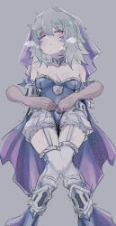  1girl bare_shoulders blue_dress blush breasts closed_eyes crotch_grab detached_sleeves dress duel_monster grey_hair groping hand_on_another&#039;s_crotch hayupipipipi highres long_sleeves medium_hair sleeves_past_wrists small_breasts sweat tearlaments_merrli tiara touching_another&#039;s_crotch veil yu-gi-oh! 