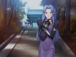  00s 1girl :t blue_eyes blue_hair blush medea_(fate) dress fate/hollow_ataraxia fate/stay_night fate_(series) forest game_cg gate hand_on_own_chest hands_on_own_chest long_dress long_hair matching_hair/eyes nature outdoors pointy_ears pout shrine solo stairs stone_lantern takeuchi_takashi tree  rating:Sensitive score:12 user:danbooru