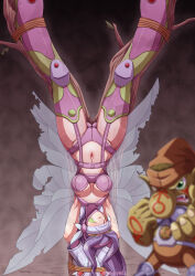  1boy 1girl arm_warmers armpits arms_up bare_tree belt big_nose bikini blurry blurry_foreground boots bound breasts butterfly_hair_ornament butterfly_wings cleavage colored_skin commentary_request commission covered_collarbone covered_eyes creature crucifixion digimon digimon_(creature) digimon_frontier elbow_gloves facial_mark fairimon fangs full_body garter_straps gloves gluteal_fold green_eyes green_skin groin grottemon hair_ornament hairband head-mounted_display highres immobilization insect_wings long_hair looking_at_viewer medium_breasts navel oborogumo_takamitsu open_mouth parted_bangs parted_lips purple_belt purple_bikini purple_footwear purple_hair purple_hairband red_headwear restrained rope shoulder_pads skeb_commission spread_legs standing stationary_restraints stomach swimsuit teeth thigh_boots torn_wings tree twitter_username upright_restraints upside-down white_gloves wings  rating:Questionable score:21 user:danbooru
