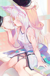  1boy 1girl absurdres animal_ear_fluff animal_ears arknights black_panties blush breasts cameltoe cat_ears closed_eyes covered_erect_nipples dress drying drying_hair gloves highres holding_hands knees_together_feet_apart legs licking licking_hand long_hair open_mouth panties rosmontis_(arknights) scar sitting sleeveless sleeveless_dress small_breasts thighs tongue tongue_out towel underwear very_long_hair villainchin white_gloves white_hair 