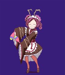 1girl animated animated_gif antennae apron arthropod_girl bishoujo_senshi_sailor_moon bishoujo_senshi_sailor_moon_crystal brown_footwear brown_kimono brown_pantyhose closed_eyes closed_mouth commentary dancing derivative_work double_bun english_commentary entoma_vasilissa_zeta fangs full_body hair_bun holding holding_instrument instrument japanese_clothes kimono lesk_serg looping_animation lowres maid maid_headdress maracas mary_janes meme monster_girl overlord_(maruyama) pantyhose purple_background purple_hair sailor_moon_redraw_challenge_(meme) screenshot_redraw shoes short_hair skin_fangs sleeves_past_wrists smile solo the_monkey white_apron