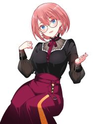  1girl black_shirt blue_eyes bob_cut choppy_bangs colored_tips commentary_request cross-laced_slit diamond_mouth frilled_shirt_collar frills front_slit glasses high-waist_skirt highres hololive ishida_aya legs_together long_skirt long_sleeves multicolored_hair neck_ribbon official_alternate_costume official_alternate_hairstyle pink_hair red_ribbon red_sash red_skirt ribbon sash see-through see-through_sleeves shirt shirt_tucked_in short_hair simple_background sitting skirt solo swept_bangs takane_lui takane_lui_(3rd_costume) virtual_youtuber white_background white_hair 