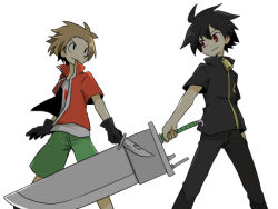  2boys alba_(senyuu) black_gloves black_hair brown_hair gloves green_shorts holding holding_knife holding_sword holding_weapon knife looking_at_another male_focus multiple_boys red_eyes ross_(senyuu) sen&#039;yuu. shorts simple_background ss1313 sword weapon white_background 